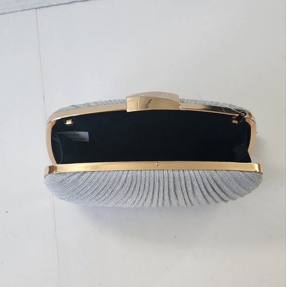 Silver Pleated Glitter Clutch Purse Women's Evening Handbag - Picture 8 of 10